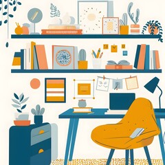 Wall Mural - Modern Home Office Desk With Yellow Chair And Plants Illustration