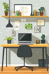 Canvas Print - Modern Home Office Desk with Laptop and Plants Illustration