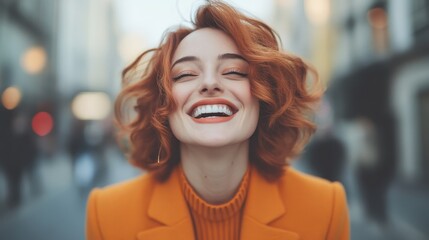 A cheerful woman with red hair and an orange coat stands in the middle of an urban street, laughing heartily and spreading joy, capturing a happy and vibrant moment.