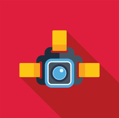 Poster - Action camera with mounting straps for recording extreme sports, flat cartoon icon with long shadow on red background