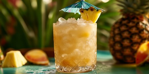 Wall Mural - Pineapple drink with ice and umbrella.