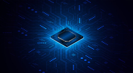 Leinwandbilder - Microchip processor circuit board technology on dark blue background. Information Processing Concept. Circuit board hi-tech technology background. vector illustration	