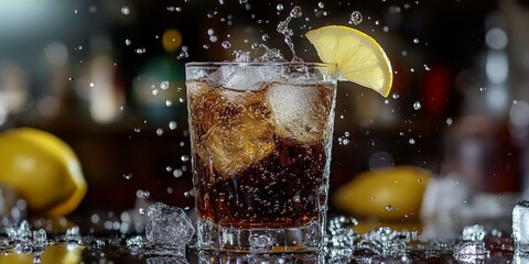 Sticker - A glass of cola with ice and lemon wedge.