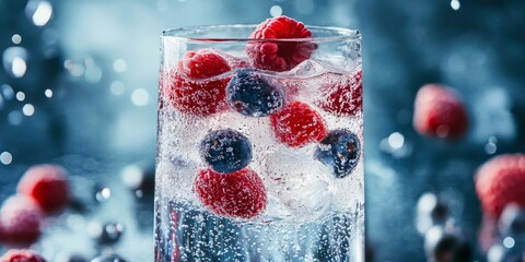 Wall Mural - Sparkling water with raspberries and blueberries.