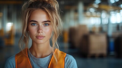 confident female warehouse worker in safety vest industrial setting warm lighting empowered expression