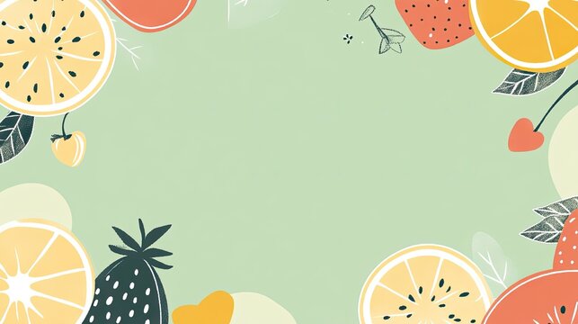 A playful background featuring cute, hand-drawn fruits on a soft green backdrop, with a clear area for text. The design is fresh and fun, ideal for food-related content.