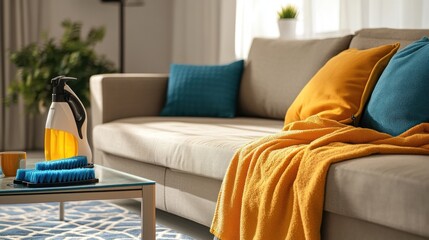 Sticker - A Cozy Living Room with a Sofa, Pillows, and a Blanket