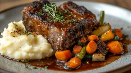 Wall Mural - a plate of meat served with vegetables and mashed potatoes on the side. The veggies are roasted, and the meat is expertly prepared and seasoned.