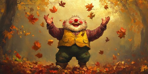 A jolly gnome laughs in autumn leaves.