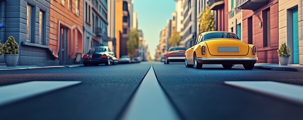 Naklejka na meble Yellow car driving down a city street.