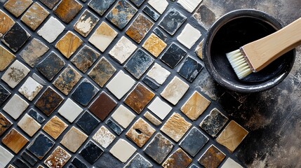 Poster - Meticulously Arranged Mosaic Tile Pattern for Bathroom Wall Decor   Geometric Symmetrical Tile Layout for a Stylish Contemporary Bathroom Remodel