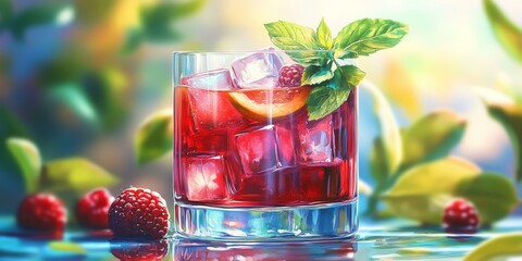 Wall Mural - A refreshing drink with ice, raspberries, and mint.