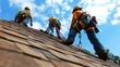 © Heng Heng - AI Stock - Two skilled roofers wearing safety harnesses and using tools while working on a steep roof of a residential or commercial building