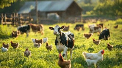 Wall Mural - Cow and Chickens in a Pastoral Setting