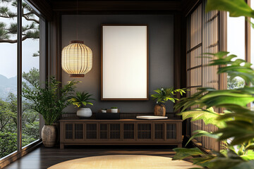 Wall Mural - Asian inspired apartment with furniture and plants, mockup with one white photo frame in the background