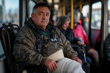 A man wearing a camouflage jacket and leg cast sits in a wheelchair inside a public bus, indicating transportation accessibility and travel resilience.