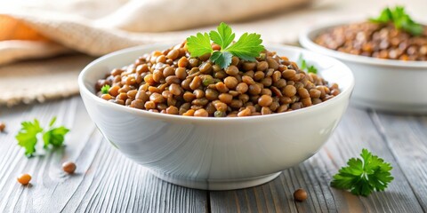 Poster - Close-up of cooked lentils in a white bowl , lentils, legumes, healthy, vegetarian, protein, food, meal, vegan, nutritious