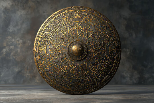 An exquisite 3D rendering showcasing a beautifully crafted bronze shield with intricate patterns and captivating designs.