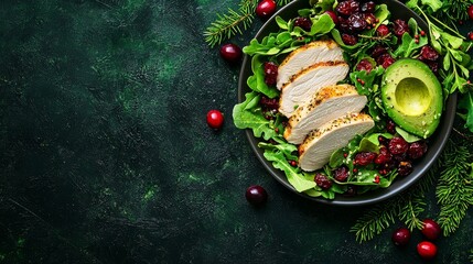 Avocado-based Thanksgiving salad featuring roasted turkey slices, cranberries, mixed greens, and a creamy avocado dressing