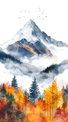 Wall Mural - Mountain landscape in fall season watercolor illustration	