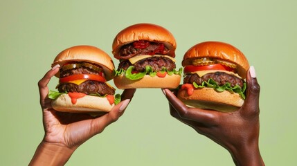 black skin hands holding a three meat hamburger, close up, pure light green background, food advertising, ultra-realistic stock photography, depth of field, vray tracing, industrial and product design