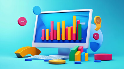 Colorful 3D computer screen displaying a bar graph with data analysis and growth symbols.