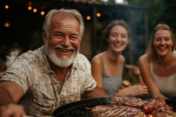 A cheerful older man grilling meat and enjoying family time outdoors. His happy expression and the relaxed setting reflect the joy and togetherness of the moment.