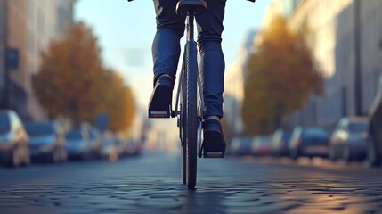 Rear view of a cyclist riding a bicycle on a city street with blurry cars in the background.