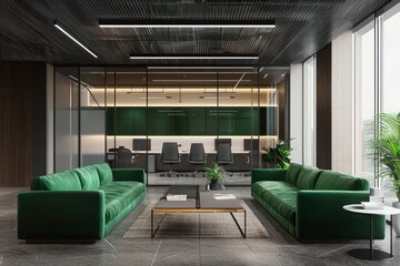 Wall Mural - Digital Agency Workspace: Emerald Sofas in a Spacious, Minimalist Setting.