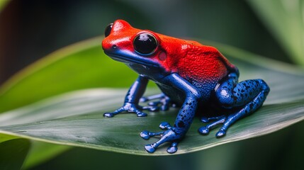 A brightly colored red and blue poison dart frog rests on a leaf in the Amazon rainforest. This frog's vibrant hues serve as a warning of its potent toxicity. 