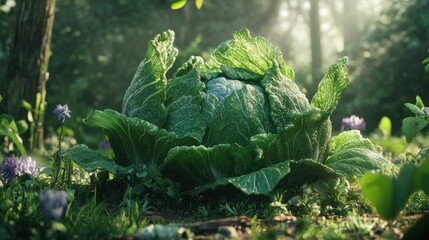 Poster - A Lush Cabbage in a Sun-Dappled Forest