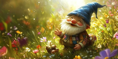 Smiling gnome in a field of flowers.