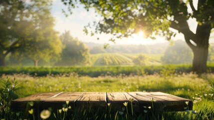 Poster - A wooden picnic table sits in a lush green field