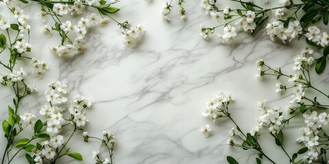 Wall Mural - Delicate White Flowers on a Marble Background, Floral Arrangement of White Blooms Against a Marble Surface, Perfect for Modern Decor