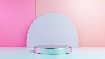 Brushed aluminum podium in 3D, centered against a pastel background, creating a sleek, contemporary appearance