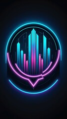 Wall Mural - Abstract neon blue and pink design with a futuristic city skyline.