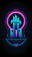 Wall Mural - Neon city skyline with purple and blue glow.