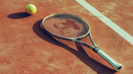 Wall Mural - An image of a vintage tennis racket with a new ball on a freshly painted tennis court. The handle and strings of the racket are photographed on the court with a ball. 