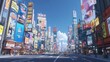 © KYR - A lively futuristic city street lined with towering skyscrapers and bright billboards, bathed in clear daylight,