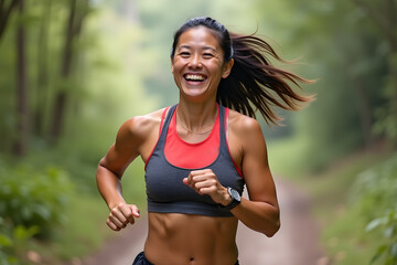 Wall Mural - healthy woman with beautiful smile trail running, marathon, triathlon running, outdoor nature