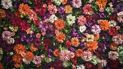 Wall Mural - A stunning floral wall backdrop featuring a vibrant mix of red, orange, pink, purple, green, and white chrysanthemums,