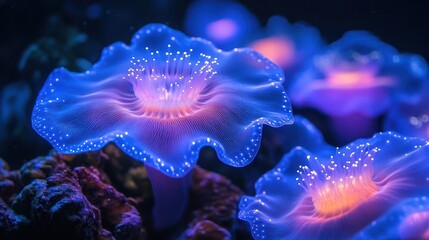 Wall Mural - ethereal underwater garden bioluminescent sea creatures float among coral formations creating a dreamlike aquatic landscape bathed in soft otherworldly light