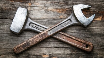 Image depicts a hammer crossed with a socket wrench, resting on a wooden surface. Relevant to themes of tools and DIY projects. 