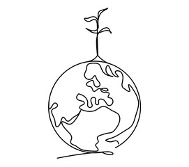 Abstract plant with planet Earth as line drawing on white background