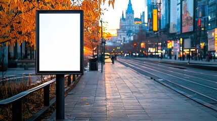 Empty billboard on city street with autumn leaves and distant skyline, creating a tranquil urban atmosphere.