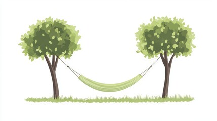 Illustration of a hammock suspended between two lush green trees, perfect for outdoor relaxation and leisure scenes.