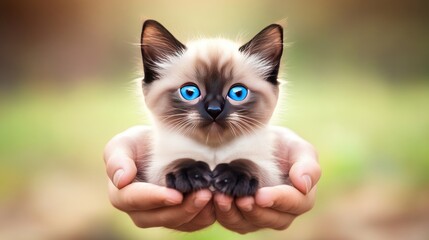 Wall Mural - A cute Siamese kitten with striking blue eyes cradled gently in hands under soft natural light