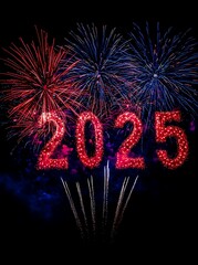 Red 2025 numbers with fireworks display against black background.