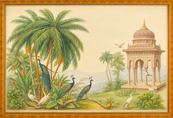 Traditional Mughal forest, garden, arch, peacock, bird illustration. vector mural plant wallpaper Rajasthan, Udaipur