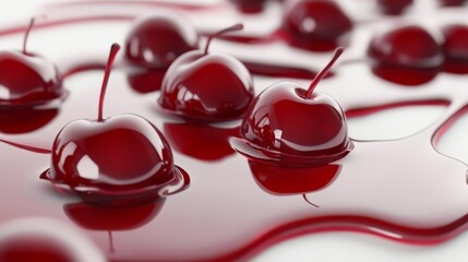 Fresh cherries submerged in glistening syrup showcasing vibrant red color, perfect for food and dessert themed projects.